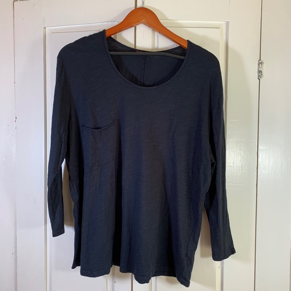 Fresh Produce Black Cotton Long Sleeve Tunic Tee Pocket OS Made in‎ USA Beachy